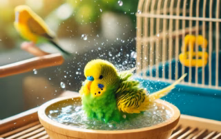 Wellensittich baden: Tipps für Hygiene und Wohlbefinden 10 Ein grüner und gelber Wellensittich beim Baden in einer offenen, wassergefüllten Badschale, umgeben von einem hellen, gemütlichen Innenraum.