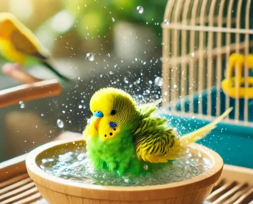 Ein grüner und gelber Wellensittich beim Baden in einer offenen, wassergefüllten Badschale, umgeben von einem hellen, gemütlichen Innenraum.