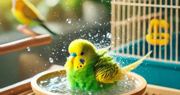 Ein grüner und gelber Wellensittich beim Baden in einer offenen, wassergefüllten Badschale, umgeben von einem hellen, gemütlichen Innenraum.