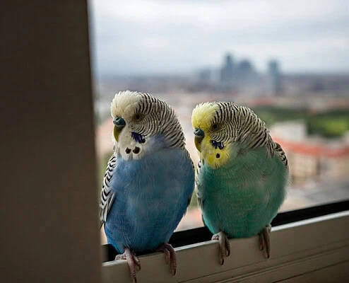 Zwei Wellensittiche sitzen am Fenster und schauen hinaus.