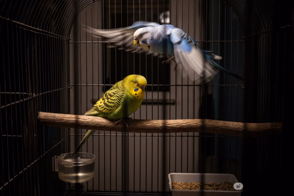 Panikflüge von Wellensittichen in der Nacht 2 Ein gelb-grüner Wellensittich schläft auf einem Naturast, während ein blauer Wellensittich in der Nacht panisch durch den Käfig fliegt.