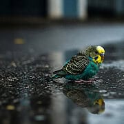 Ein Wellensittich sitzt auf der Straße bei Regen in einer Pfütze.