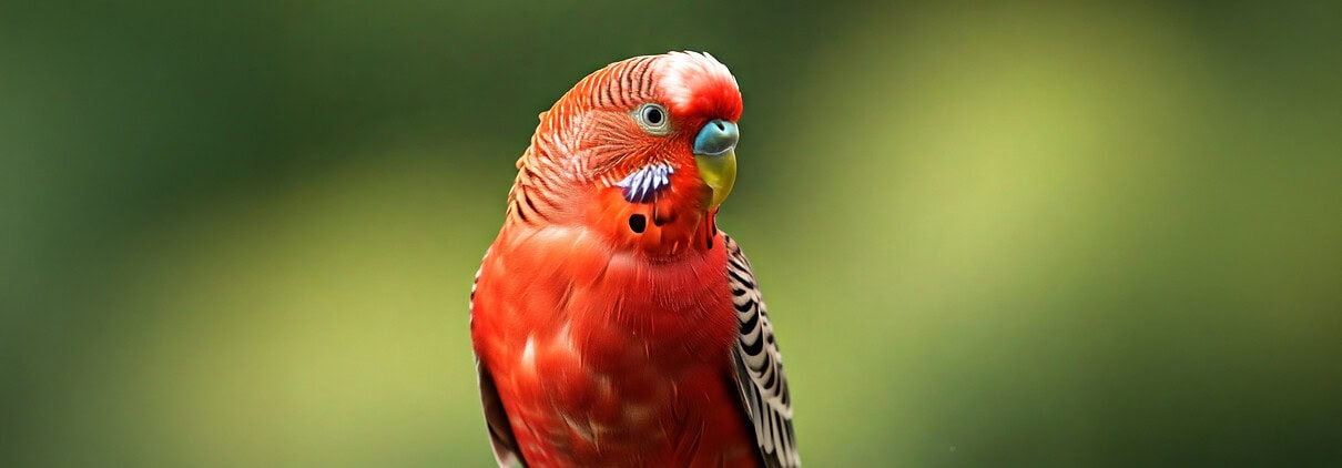 Ein Bild von einem Wellensittich in der Farbe Rot. Der Vogel hat gelbe Füße und sitzt auf einem Ast. Ein künstlerischer Blick auf eine unmögliche Farbreihe.
