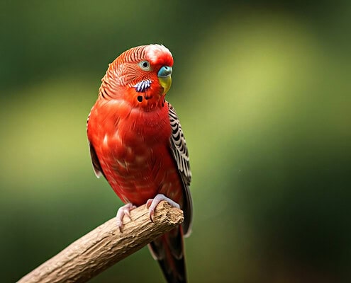 Ein Bild von einem Wellensittich in der Farbe Rot. Der Vogel hat gelbe Füße und sitzt auf einem Ast. Ein künstlerischer Blick auf eine unmögliche Farbreihe.