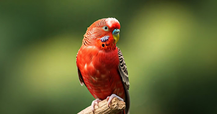 Ein Bild von einem Wellensittich in der Farbe Rot. Der Vogel hat gelbe Füße und sitzt auf einem Ast. Ein künstlerischer Blick auf eine unmögliche Farbreihe.