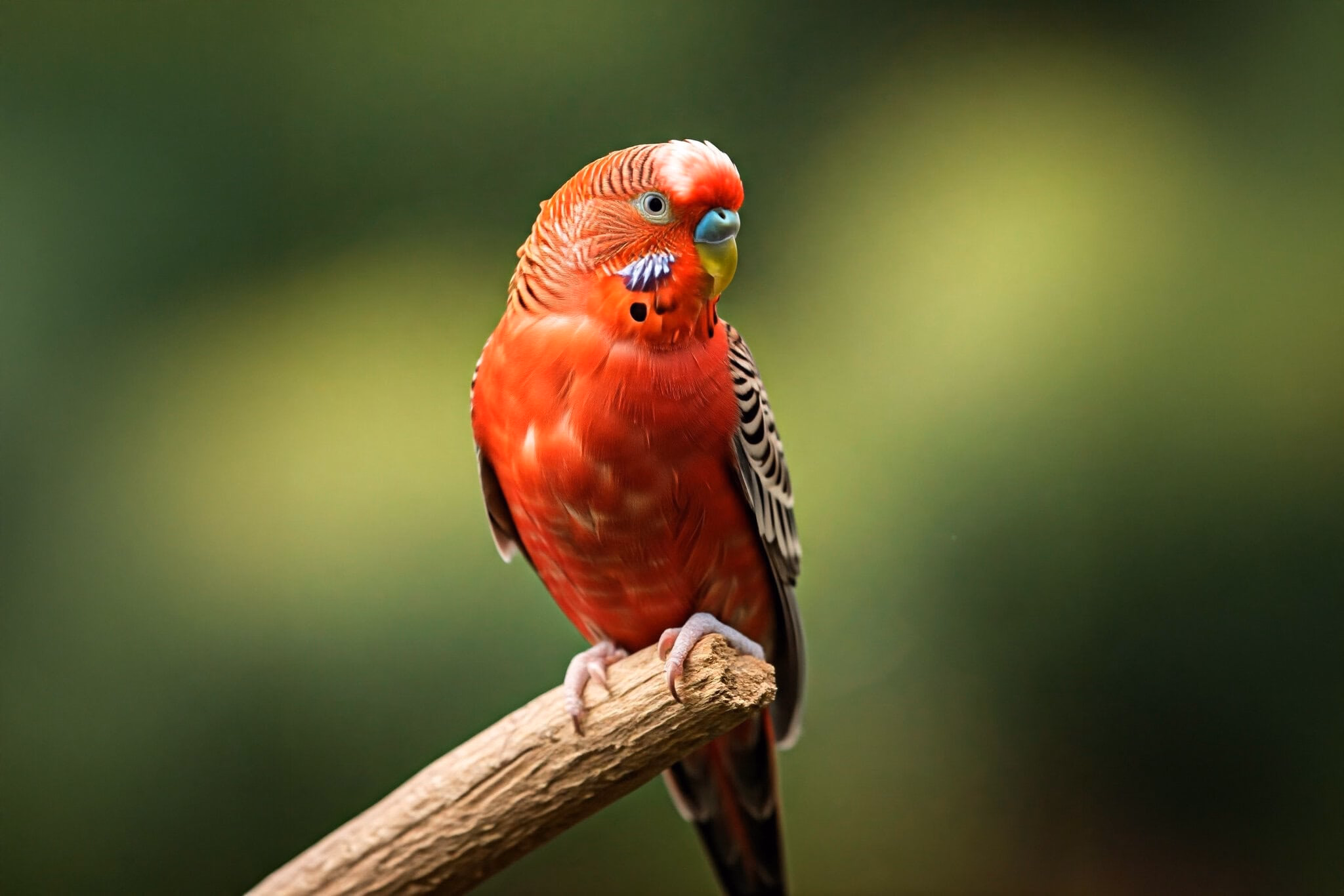 Ein Bild von einem Wellensittich in der Farbe Rot. Der Vogel hat gelbe Füße und sitzt auf einem Ast. Ein künstlerischer Blick auf eine unmögliche Farbreihe.