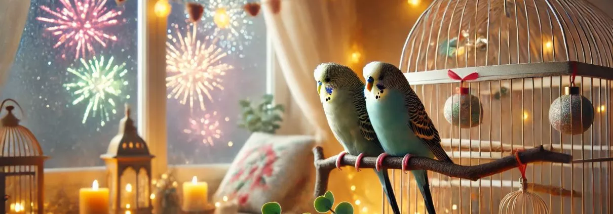 zwei Wellensittiche sitzen entspannt auf einer Stange beim Silvesterfeuerwerk