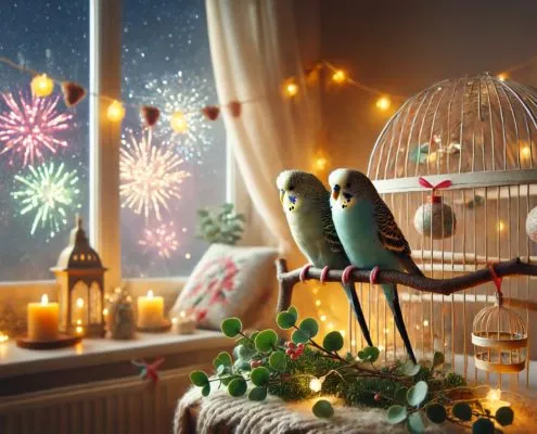 zwei Wellensittiche sitzen entspannt auf einer Stange beim Silvesterfeuerwerk