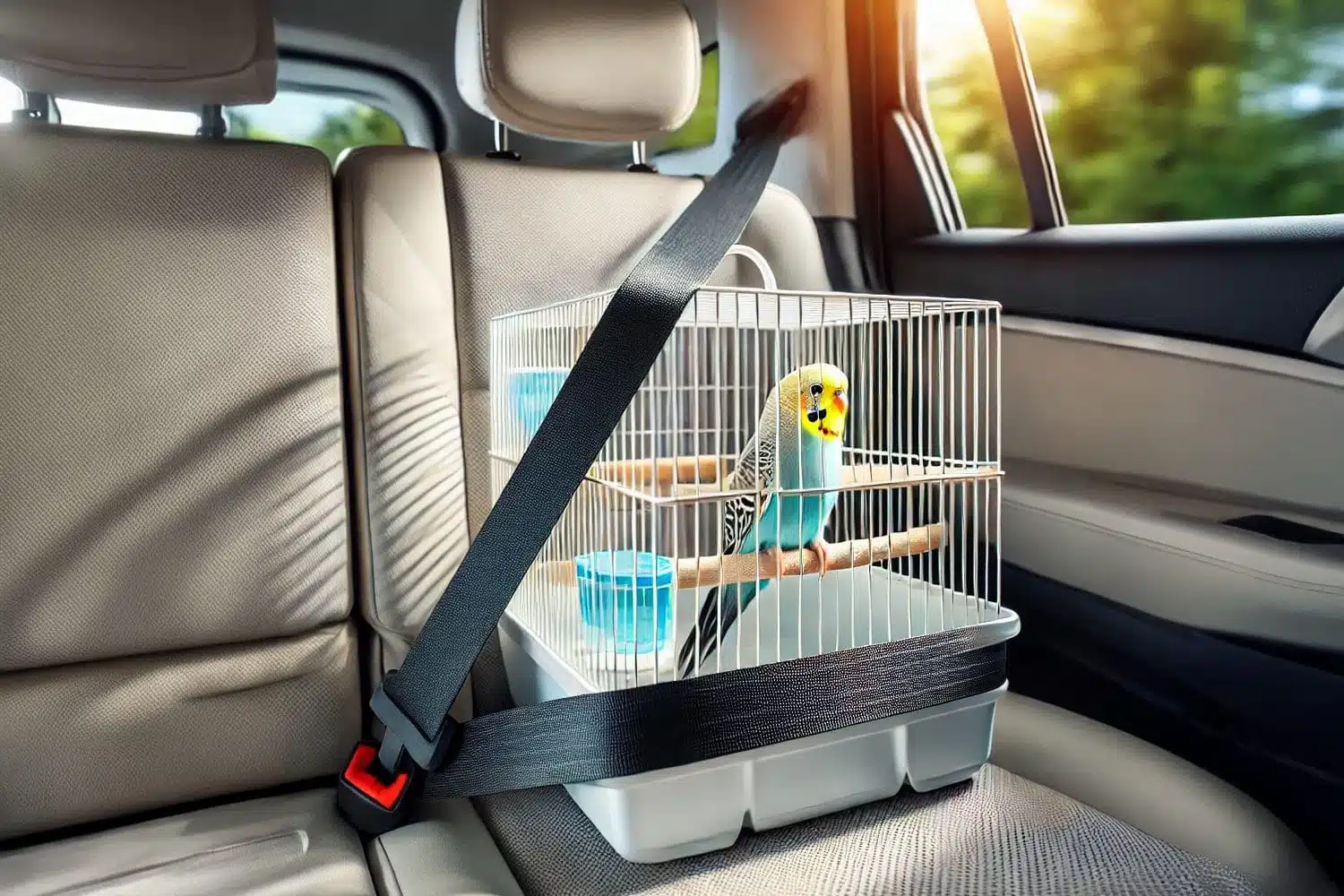 Wellensittich transportieren – So gelingt der sichere Transport 2 Ein Wellensittich sitzt in einem Transportkäfig, der mit einem Sicherheitsgurt auf dem Rücksitz eines Autos befestigt ist.