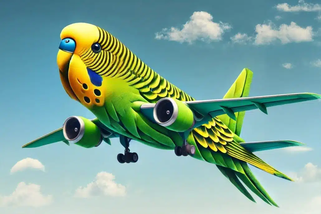 Wellensittich transportieren – So gelingt der sichere Transport 3 Ein kreativ gestaltetes Flugzeug in Wellensittich-Optik mit grün-gelbem Federkleid und Schnabel-Front fliegt vor blauem Himmel – Symbol für sicheren Vogeltransport.