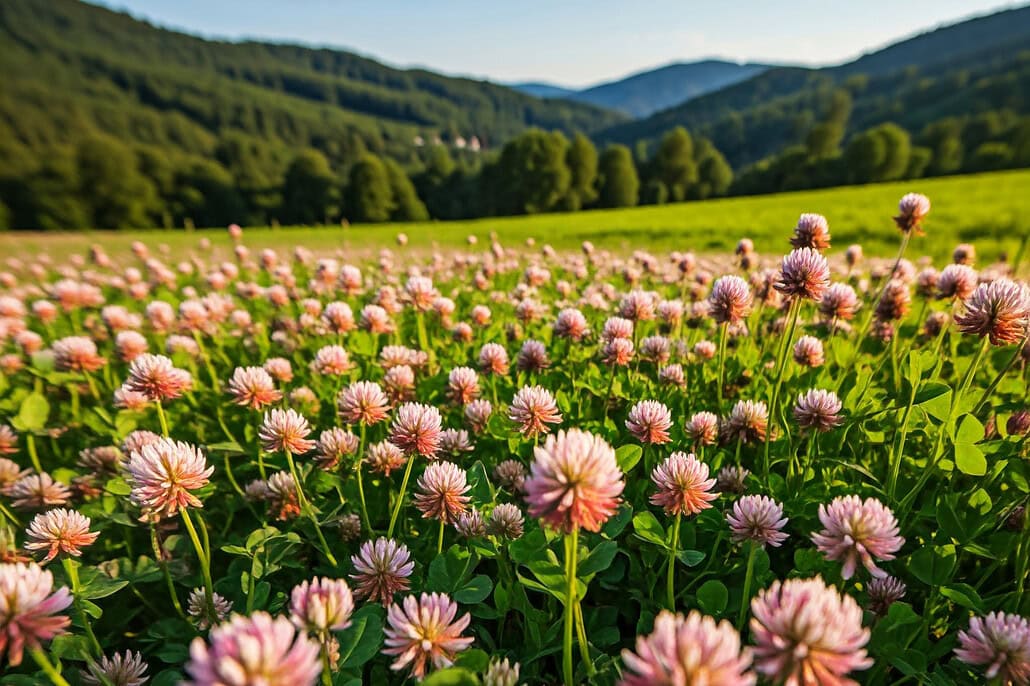 Landschaft mit Wiesenklee im Vordergrund