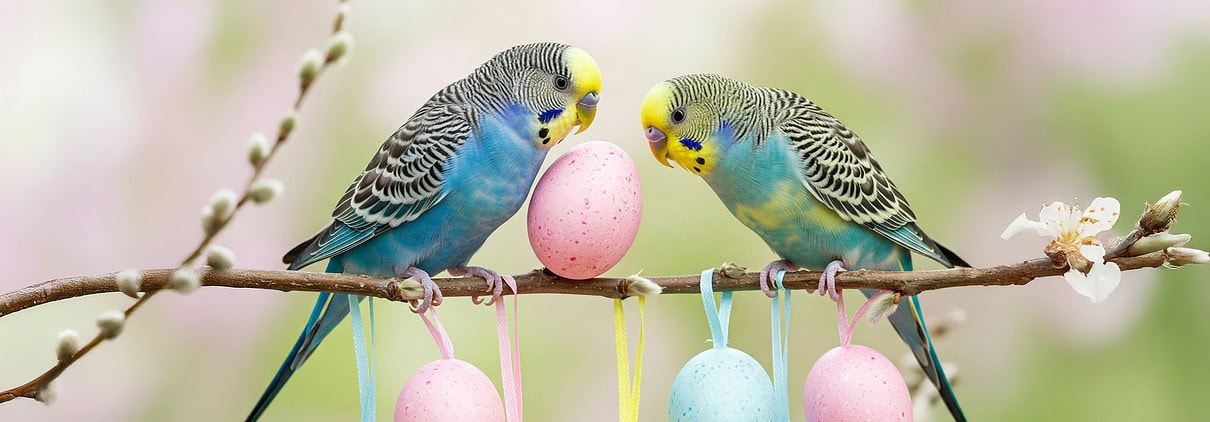 Zwei Wellensittiche sitzen zu Ostern auf einen Zweig mit bunten Ostereiern.