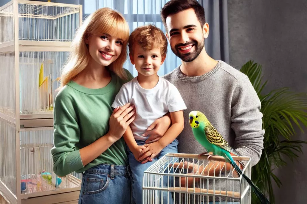 Junge Eltern mit ihrem Kind stehen vor einem Käfig mit einem grünen Wellensittich