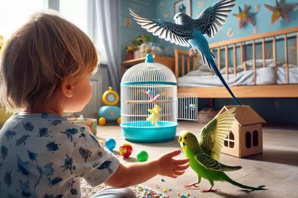 Ein blauer und ein grüner Wellensittich fliegen im Kinderzimmer, während ein Junge ihnen zuschaut.