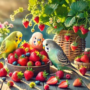 Neugierige Wellensittiche knabbern an frischen Erdbeeren auf einem Holztisch und zwitschern fröhlich.