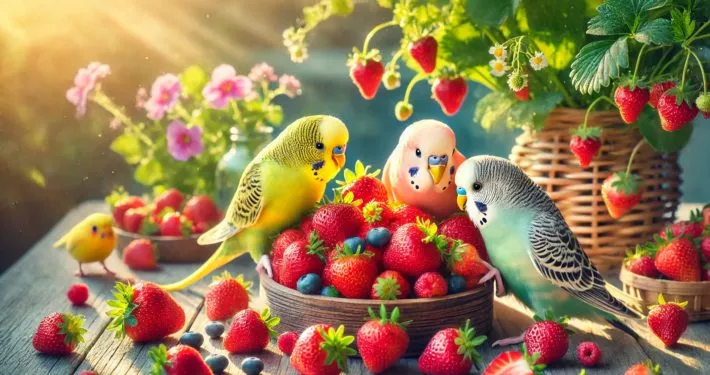 Neugierige Wellensittiche knabbern an frischen Erdbeeren auf einem Holztisch und zwitschern fröhlich.