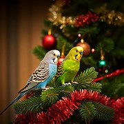 zwei Wellensittiche sitzen auf einem geschmückten Weihnachtsbaum