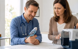 Tierarztkosten Wellensittich: Preise & GOT Tabelle (2025) 8 Tierarzt untersucht Wellensittich, Halterin steht daneben – Tierarztkosten Wellensittich Behandlung