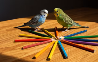 Können Wellensittiche Farben erkennen? Spannende Fakten zum Sehvermögen 4 Wellensittiche mit Buntstiften in verschiedenen Farben.