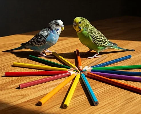 Wellensittiche mit Buntstiften in verschiedenen Farben.