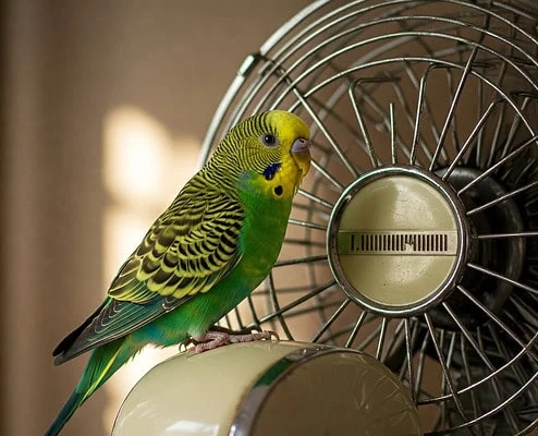 Ein grüner Wellensittich sitzt auf einem Ventilator.