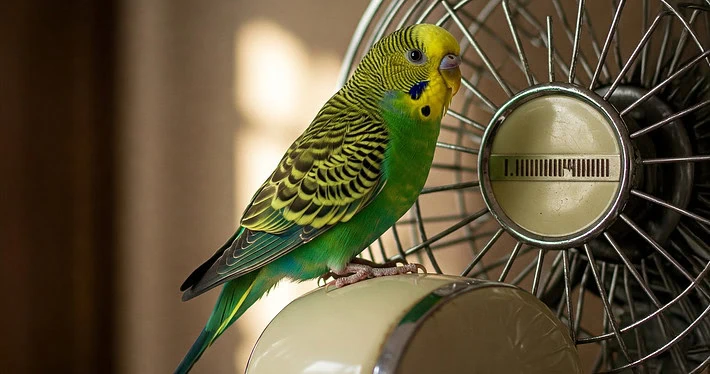 Ein grüner Wellensittich sitzt auf einem Ventilator.