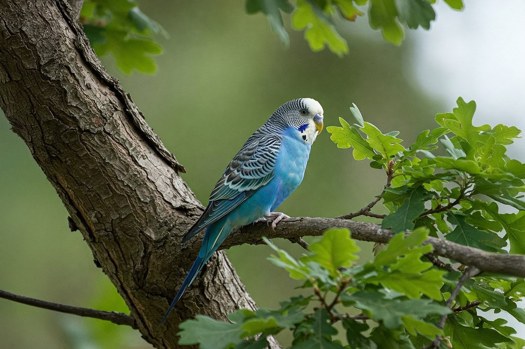 Ein entflogener blauer Wellensittich sitzt in einer Eiche.
