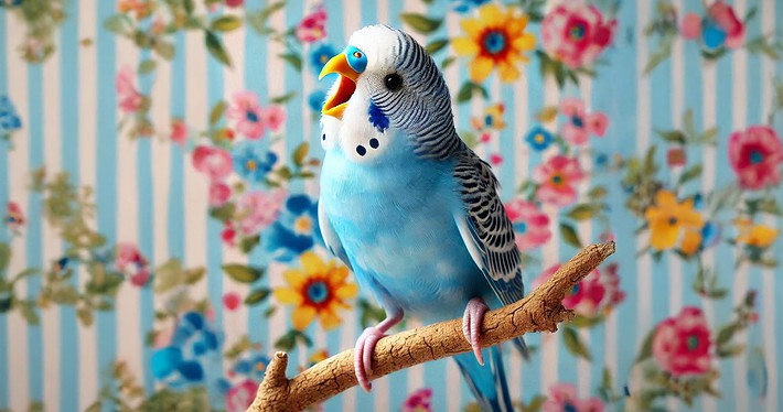 Ein blauer Wellensittich vor bunter Tapete