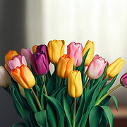 Ein Strauß bunter Tulpen steht in einem Raum