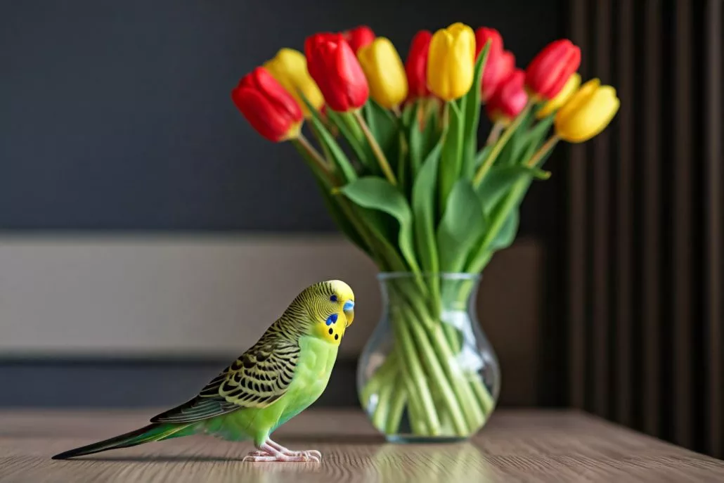 Eine Vase mit gelben und roten Tulpen steht auf einem Holztisch davor steht ein grüner Wellensittich