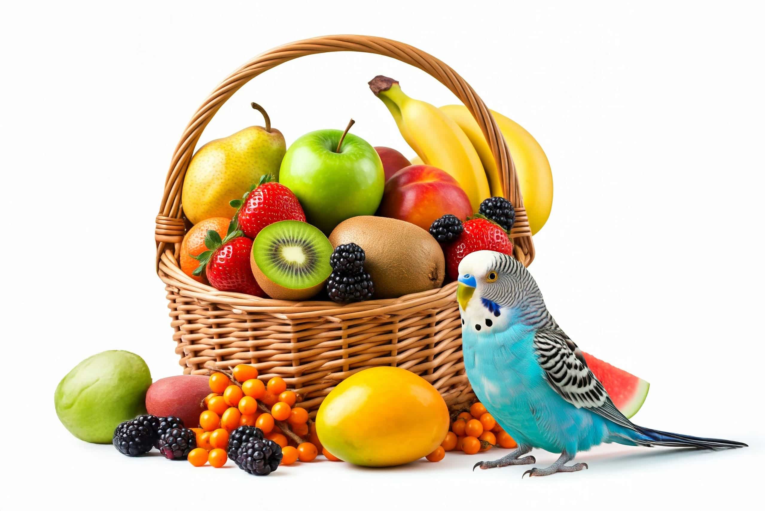 Obst für Wellensittiche – Gesunde Früchte mit Maß genießen 3 Ein blauer Wellensittich sitzt vor einem gefüllten Obstkorb mit Äpfeln, Kiwis, Erdbeeren, Bananen und Beeren auf weißem Hintergrund.