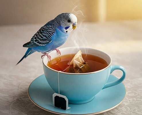 Ein blauer Wellensittich sitzt auf dem Rand einer Teetasse, die mit Tee und Teebeutel gefüllt ist.