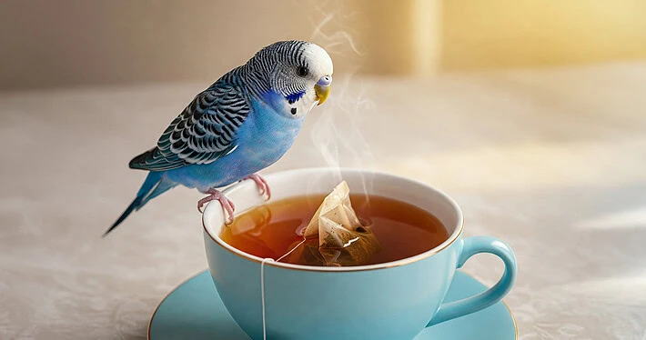Ein blauer Wellensittich sitzt auf dem Rand einer Teetasse, die mit Tee und Teebeutel gefüllt ist.