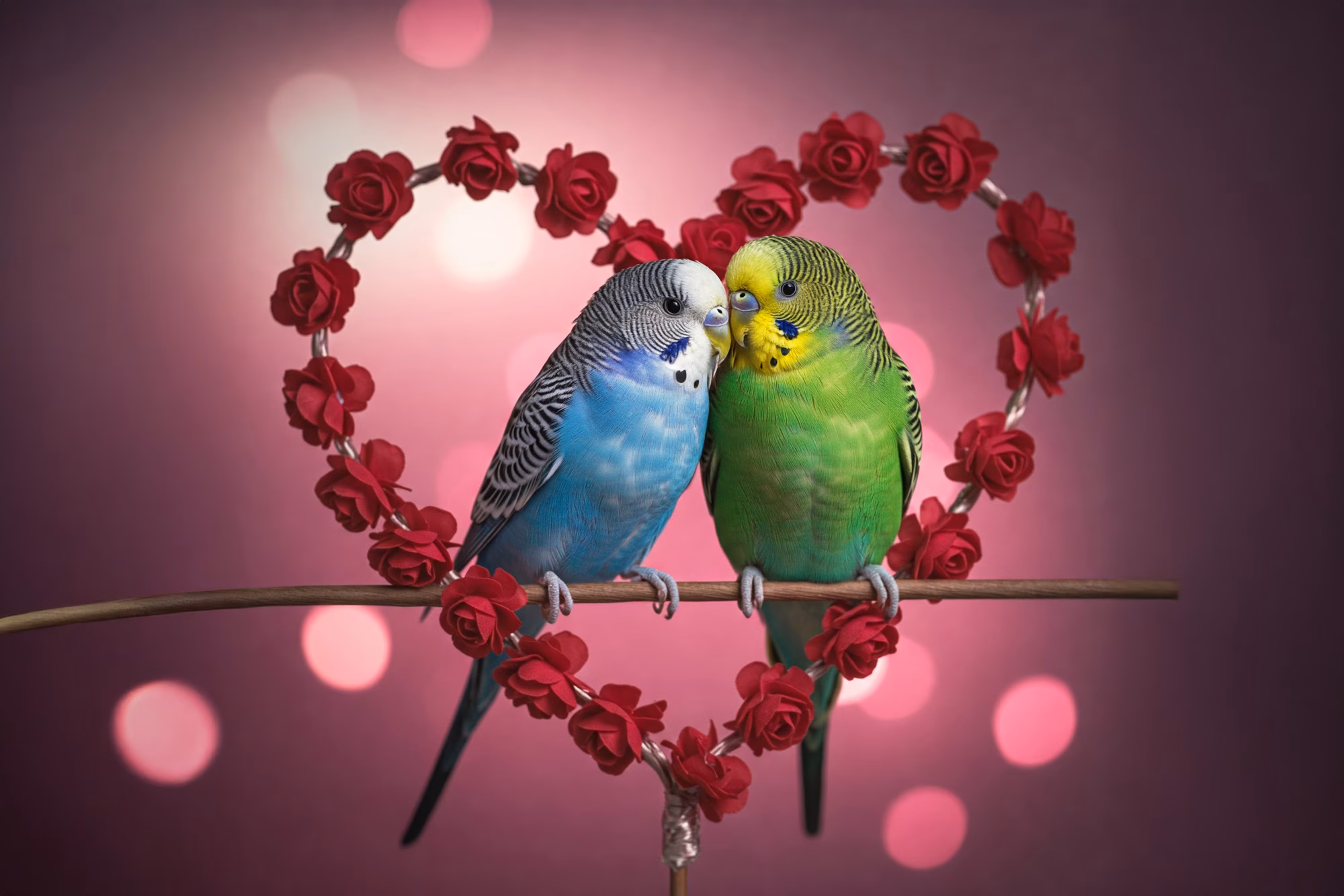 Zwei Wellensittiche sitzen zu Valentinstag in einem Herz aus Rosen.
