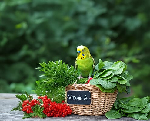 Ein grüner Wellensittich sitzt auf einen Korb mit Lebensmittel die Vitamin A enthalten