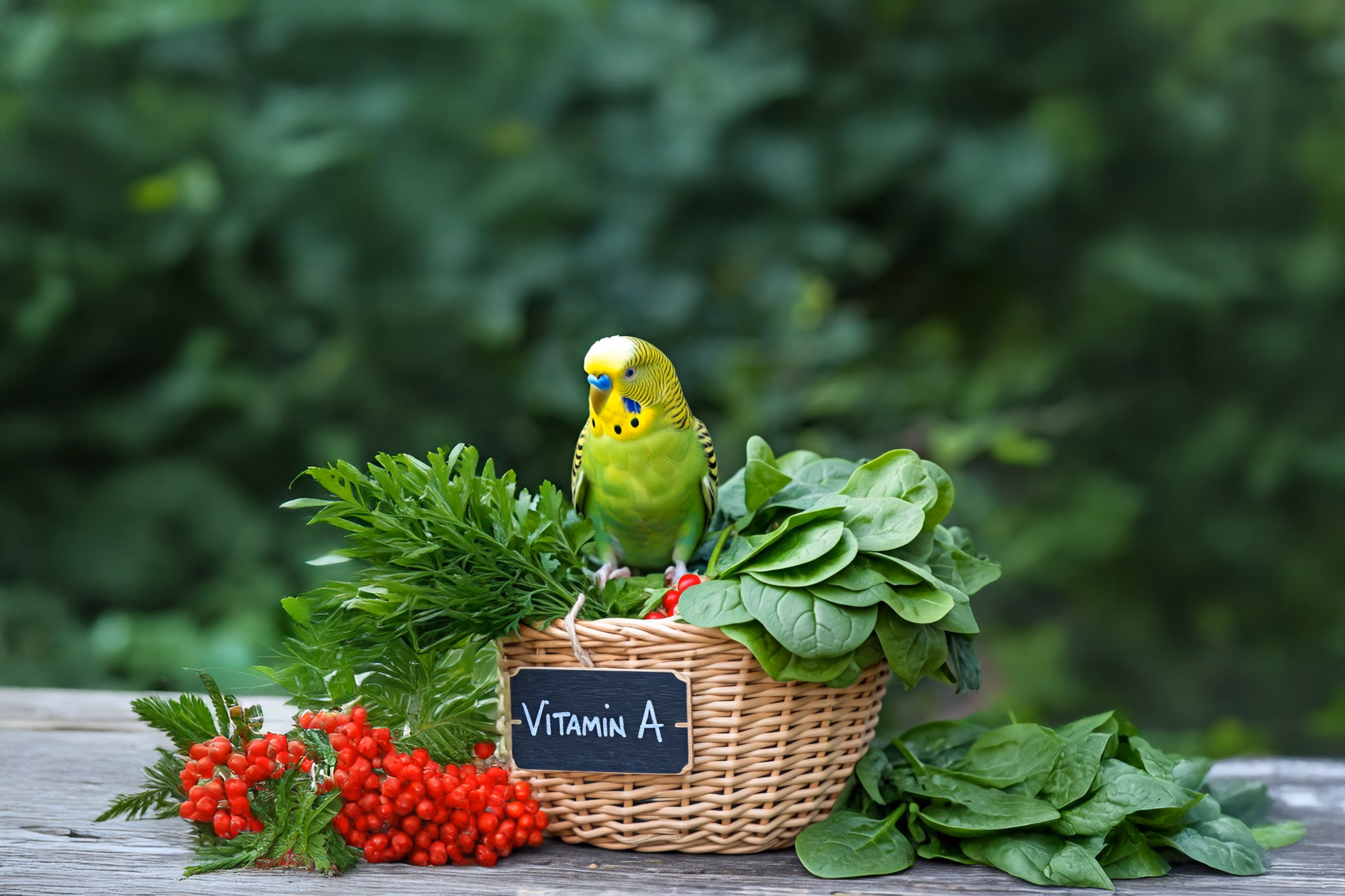 Vitamin-A-Mangel ist vermutlich die häufigste Ursache für Erkrankungen in Folge einer Mangelernährung bei Wellensittichen. Ein grüner Wellensittich sitzt auf einen Korb mit Lebensmittel die Vitamin A enthalten