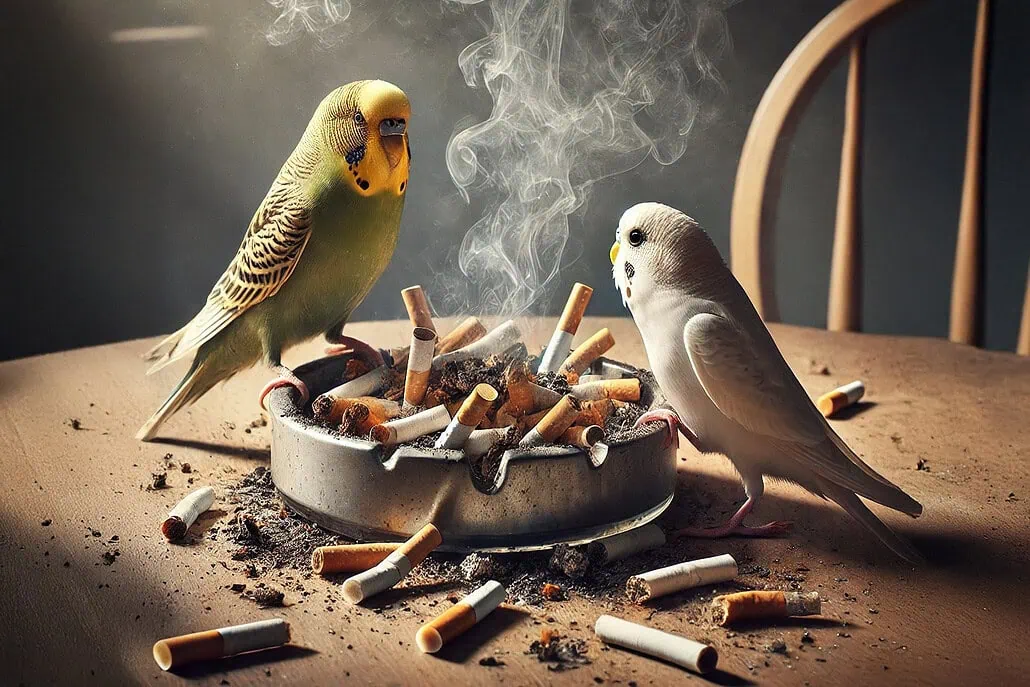 Eine symbolische Darstellung eines überfüllten Aschenbechers mit Wellensittichen in der Nähe zeigt. Es verdeutlicht die Gefahr, die Zigaretten und Tabak für die Vögel darstellen können.