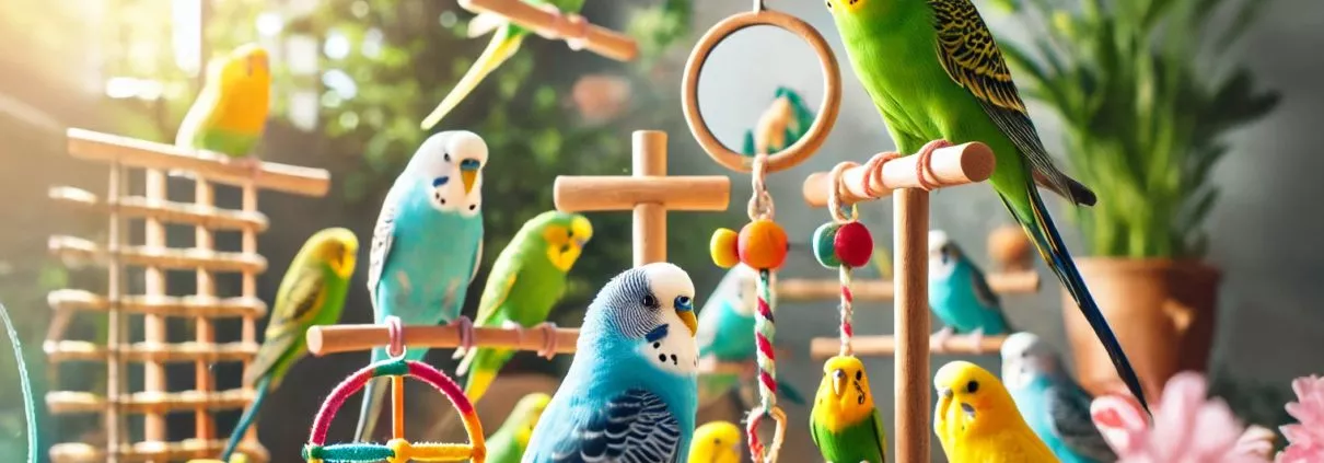 Mehrere bunte Wellensittiche spielen gemeinsam in einem hellen Raum mit Spielsachen wie Schaukeln, Leitern und Holzsitzstangen, umgeben von Pflanzen und natürlichem Licht.
