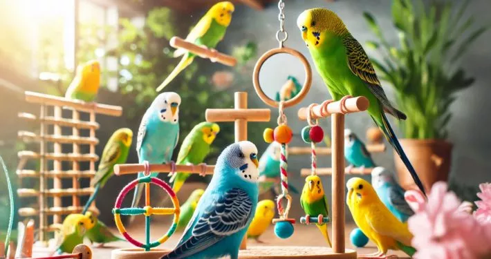 Mehrere bunte Wellensittiche spielen gemeinsam in einem hellen Raum mit Spielsachen wie Schaukeln, Leitern und Holzsitzstangen, umgeben von Pflanzen und natürlichem Licht.