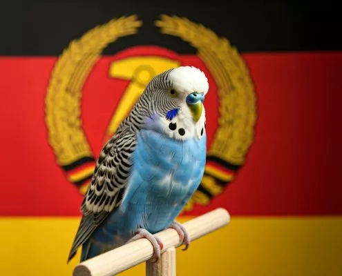 Ein blauer Wellensittich sitzt vor einer DDR Fahne