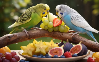 Obst für Wellensittiche – Gesunde Früchte mit Maß genießen 4 Zwei Wellensittiche sitzen auf einem Ast über einem Teller mit frischen Obst wie Trauben, Erdbeeren, Feigen und Sternfrucht.