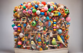 Käfigausstattung: So richtest du den Vogelkäfig deiner Wellensittiche richtig ein 6 Überfüllter Vogelkäfig mit Spielzeug, zwei bewegungsunfähige Wellensittiche - Beispiel für ungeeignete Käfigausstattung bei der Einrichtung von Vogelkäfigen.