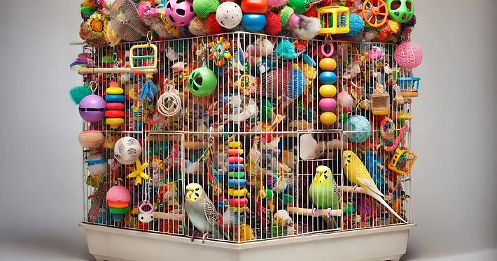 Überfüllter Vogelkäfig mit Spielzeug, zwei bewegungsunfähige Wellensittiche - Beispiel für ungeeignete Käfigausstattung bei der Einrichtung von Vogelkäfigen.