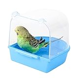 Jodsen Vogel Badewanne,hängende Badewanne Vogelkäfigzubehör mit Haken,Wasserdusche Transparente Box Futterautomaten Halter für kleine Vögel,Kanarienvögel,Wellensittiche,Papagei 13 * 14 * 13cm (Blau)