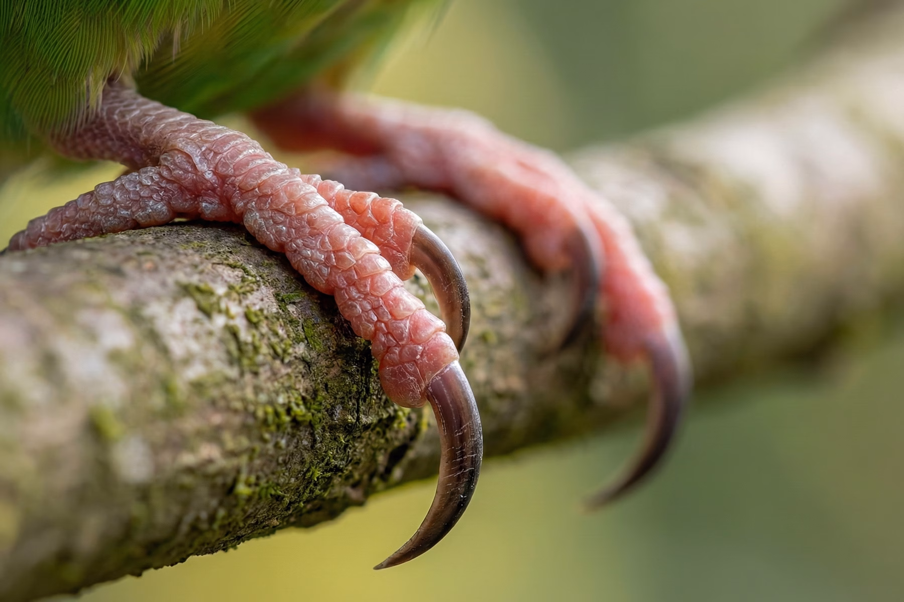 Makroaufnahme eines Wellensittich-Fußes mit zu langen Krallen am Ast vor dem Krallen schneiden