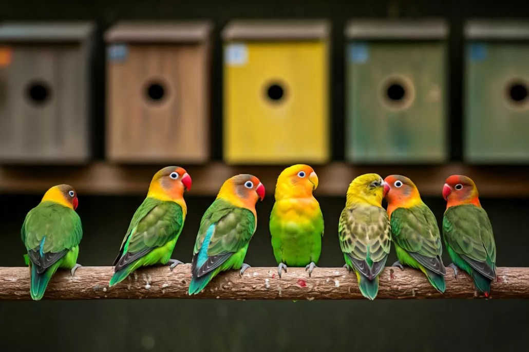 Ein Vogelzüchter hat für seine Papageien eine natürliche Umgebung geschaffen, komplett mit Ästen zum Klettern und Nistmöglichkeiten.