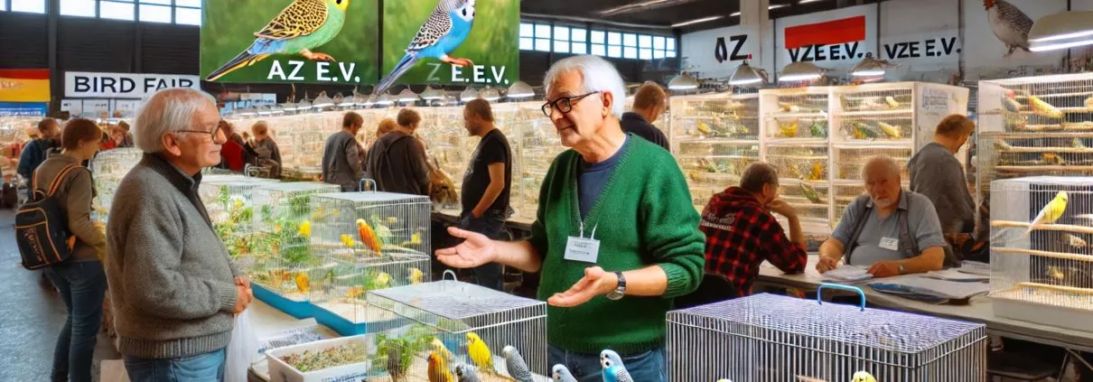Vogelzüchter präsentiert bunte Wellensittiche in sauberen Käfigen auf einer Vogelbörse, umgeben von Besuchern und Bannern von Vogelverbänden.