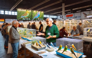 Vogelzüchter in deiner Nähe finden: So klappt die Suche wirklich 5 Vogelzüchter präsentiert bunte Wellensittiche in sauberen Käfigen auf einer Vogelbörse, umgeben von Besuchern und Bannern von Vogelverbänden.