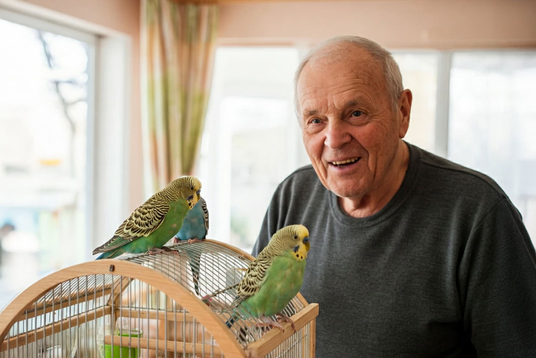 Eine Senior sitzt in einem Altenheim neben einem Vogelkäfig mit drei Wellensittichen.