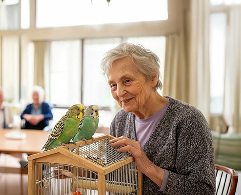 Seniorin im Altersheim mit zwei Wellensittichen auf einem Vogelkäfig.